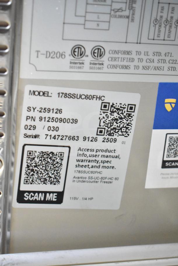 BRAND NEW 2025 Avantco 178SSUC60FHC commercial freezer. Missing doors. Label shows model, serial, and QR codes for product info.