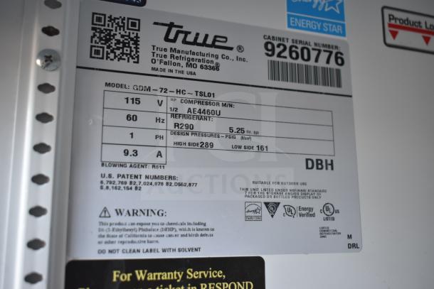 Label for 2017 True GDM-72-LD cooler, showing model specs, voltage, refrigerant type R290, and energy certifications.