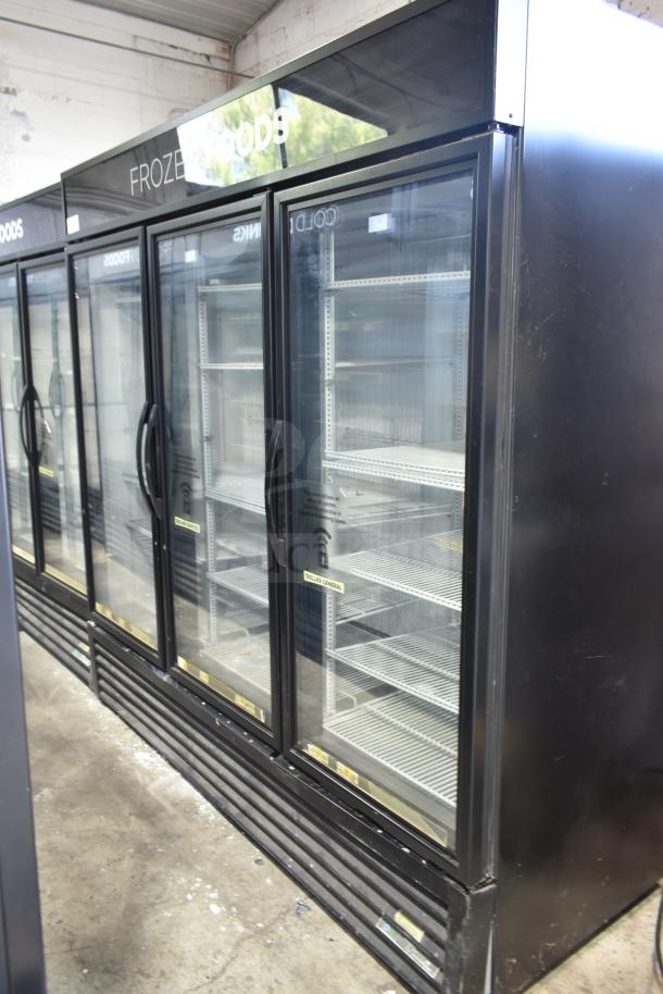 2018 True GDM-72F-LD 3 Door Commercial Freezer Merchandiser, black exterior, glass doors, shelves, 115/208-230V, 1 Phase.
