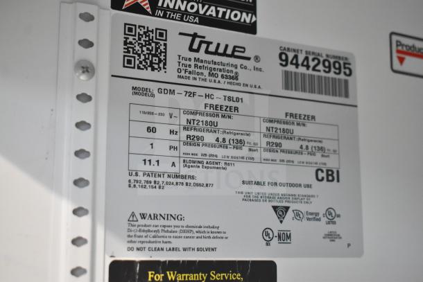 2018 True GDM-72F-LD Commercial Freezer, 3-door, 115/208-230V, 1 phase. Tag shows model, serial number, specs.