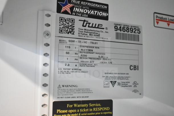 2018 True GDM-72-LD Commercial Cooler label showing 115 Volts, R290 refrigerant, compressor model NLE11MN.