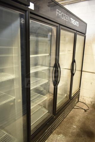 2018 True GDM-72F-LD commercial 3-door freezer merchandiser, glass doors, 115/208-230V, 1 phase, “Frozen Treats” sign.
