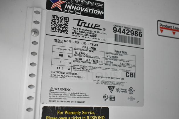 Label for 2018 True GDM-72F-LD freezer; voltage 115/208-230, 1 phase, refrigerant R290, compressor NT2180U, serial 9442986.