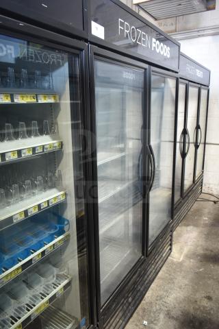 2020 True GDM-49F-LD Commercial 2 Door Freezer Merchandiser, 115/208-230V, 1 Phase, clean, glass doors, labeled "Frozen Foods."
