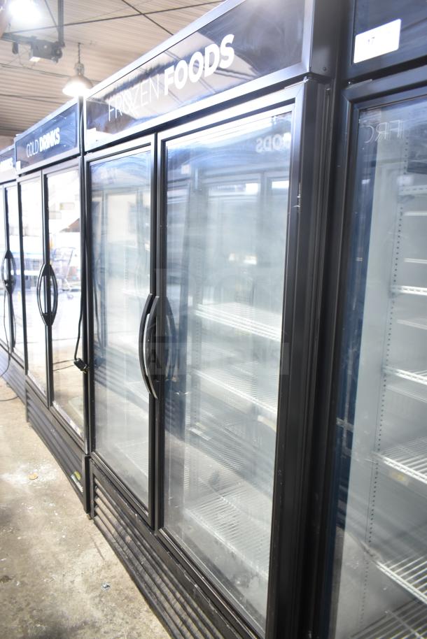 2020 True GDM-49F-LD 2 Door Reach In Freezer Merchandiser, 115/208-230V, 1 Phase, shelving visible, for frozen foods.