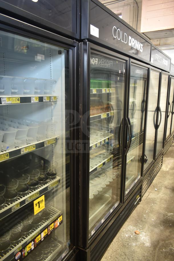 2019 True GDM-49-HC commercial 2-door cooler, 115V, 1 phase. Black frame, glass doors, interior shelving visible.