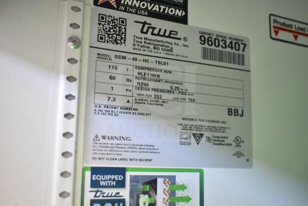 Label details of 2019 True GDM-49-HC Commercial 2 Door Cooler; 115 Volts, 1 Phase, R290 refrigerant, serial 9603407.