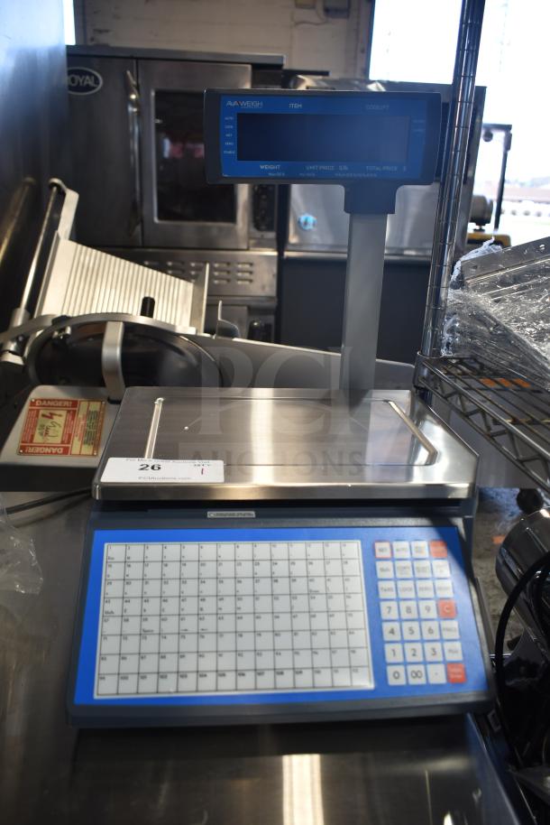 AvaWeigh 334PCSP30T thermal label printing scale with tower, new with slight dents, 30 lb capacity, legal for trade.