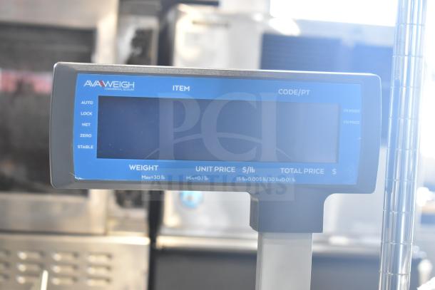 AvaWeigh 334PCSP30T thermal label printing scale, 30 lb capacity, with tower display, legal for trade, brand new condition.