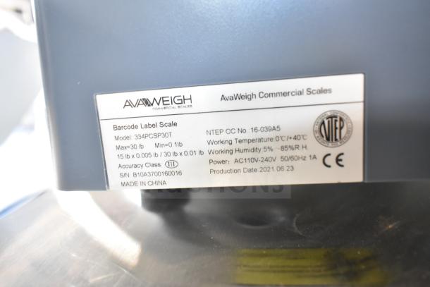 Brand new AvaWeigh 334PCSP30T thermal label scale with 30 lb capacity. Legal for trade, visible model label.