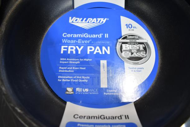 Vollrath Z4010 10" Aluminum Fry Pan with CeramiGuard II Coating, blue cool handle, scratch and dent condition, label shown.