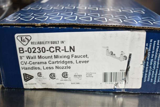 BRAND NEW T&S B-0230-CR-LN wall-mounted pantry faucet base, 8" adjustable centers, Cerama cartridges, in original packaging.