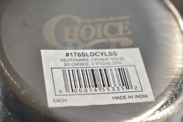 Solid stainless steel flatware holder cylinder by Choice, model 176SLDCYLSS, 4.5"TDx5.25"H, new condition, made in India.