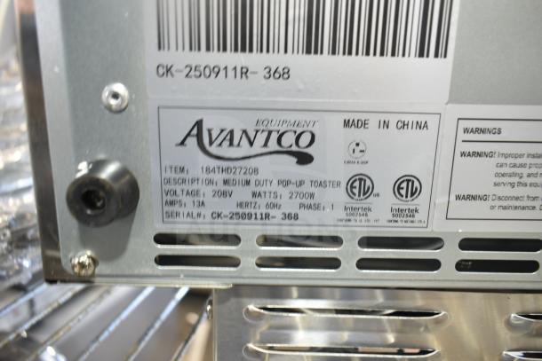 Avantco 184THD27208 commercial toaster label, 208V, 2700W, 1 phase, 4-slice, medium-duty. Serial CK-250911R-368. Made in China.