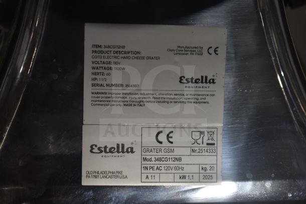 BRAND NEW 2025 Estella 348CG112NB electric hard cheese grater, 3.3 lb/min, 110V, 1 phase, minor scratches, tags visible.