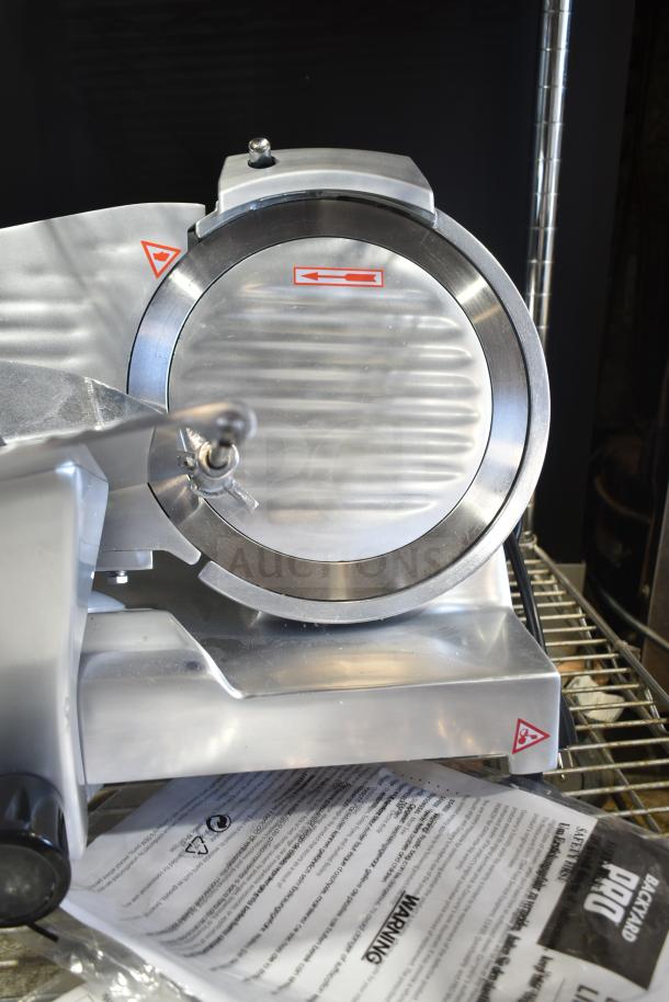 Brand new Backyard Pro MS-106119A 9" meat slicer with blade sharpener. Scratch and dent condition. 120V, 1 phase.