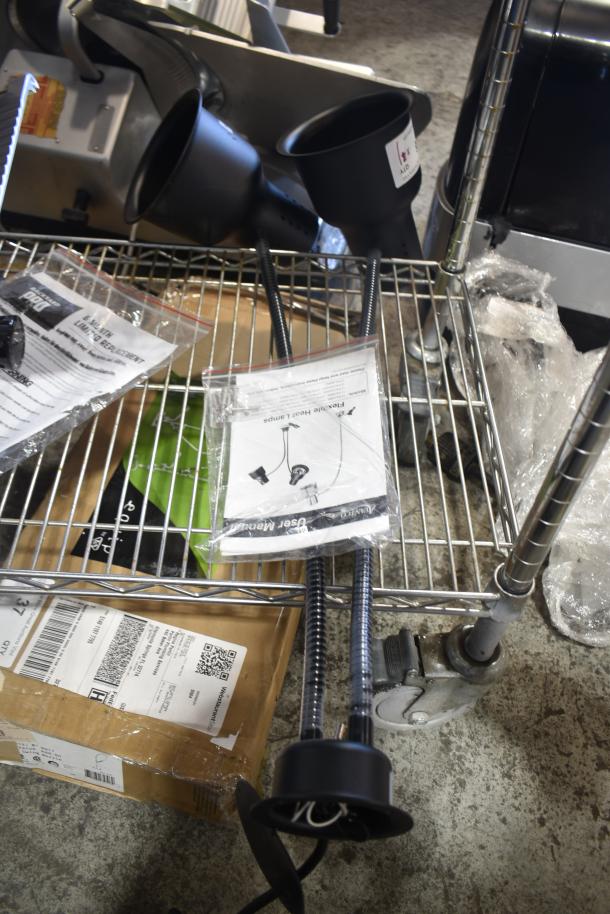 Brand new Avantco flexible double head warming lamp, slight scratch and dent, includes manuals and packaging, ideal for catering.