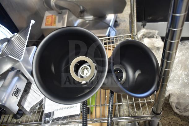 Brand new Avantco flexible double head warming lamp, black finish, scratch and dent condition, on metal rack.