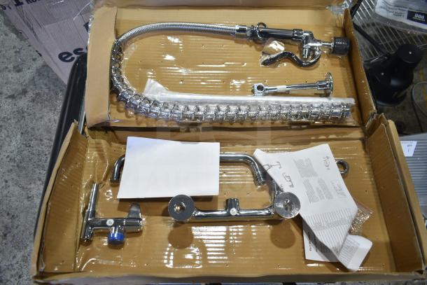 Brand new Equip by T&S 5PR-8W12-C pre-rinse faucet, 35 11/16" high, 8" adjustable centers, 1.2 GPM spray valve, 44" hose.