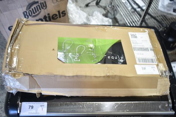Boxed Equip by T&S 5PR-8W12-C wall-mounted pre-rinse faucet with minor box damage, featuring 1.2 GPM spray valve.