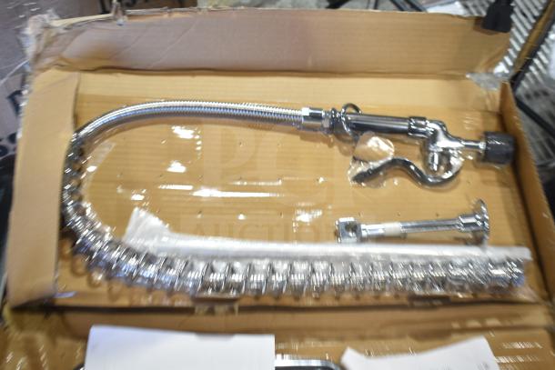 BRAND NEW Equip by T&S wall-mounted pre-rinse faucet, 35 11/16" high, with 8" adjustable centers, 1.2 GPM spray valve, 44" hose, 12 1/8" add-on faucet, and 6" wall bracket, unpacked in box.