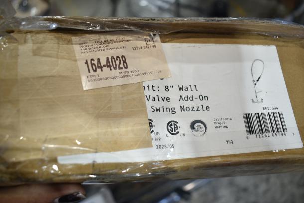 Box labeled "8" Wall Valve Add-On Swing Nozzle" for Equip by T&S pre-rinse faucet, part number 164-4028, low lead compliant.