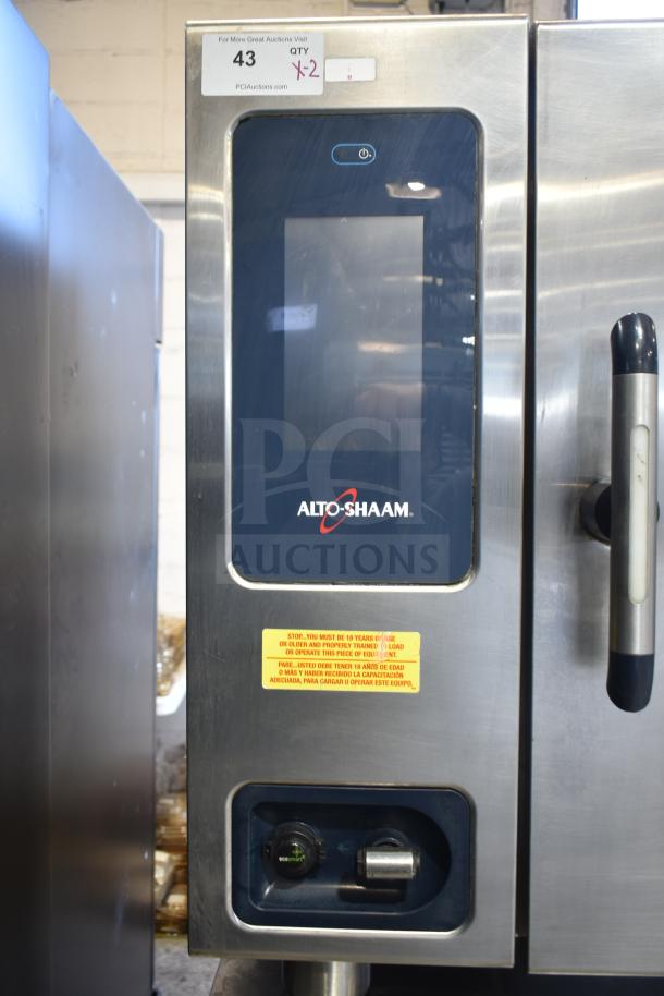Alto Shaam CTP7-20G commercial gas combi oven, stainless steel, digital display, visible caution label.