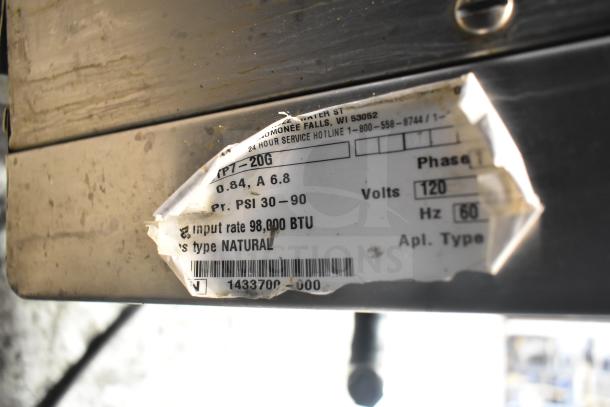Label on Alto Shaam CTP7-20G oven showing input, voltage, phase, and PSI details. Powered by natural gas.