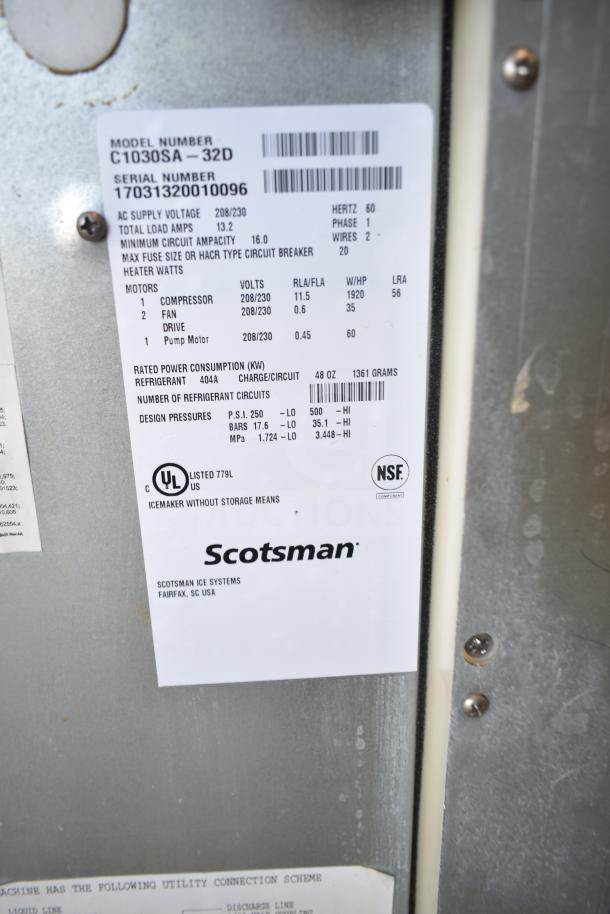 2017 Scotsman C1030SA-32D commercial ice machine head. 208/230V, 1 Phase. Label shows UL and NSF ratings.