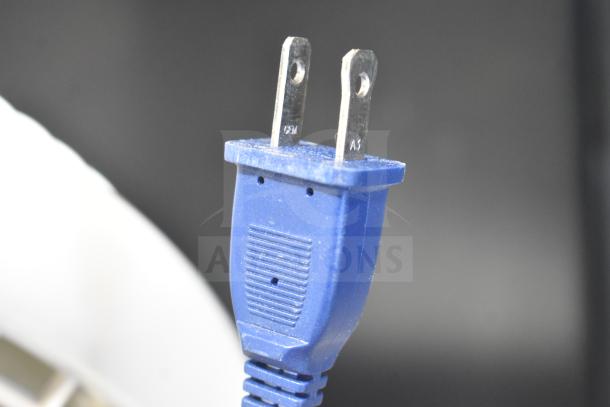 Lasko Fan power plug, 120 volts, 1 phase, shown in blue with prongs.