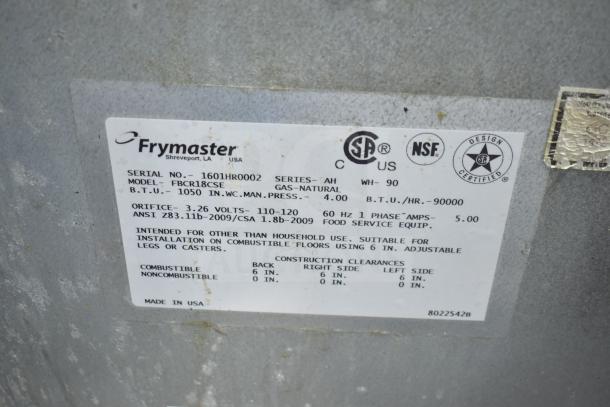 2016 Frymaster FBCR18CSE pasta cooker label. 90,000 BTU, model details, gas-natural, certified food service equipment.