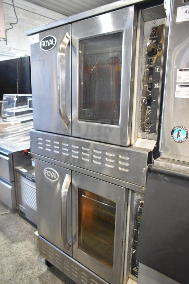 Royal commercial full-size convection oven with view-through door, solid door, thermostatic controls, on casters.