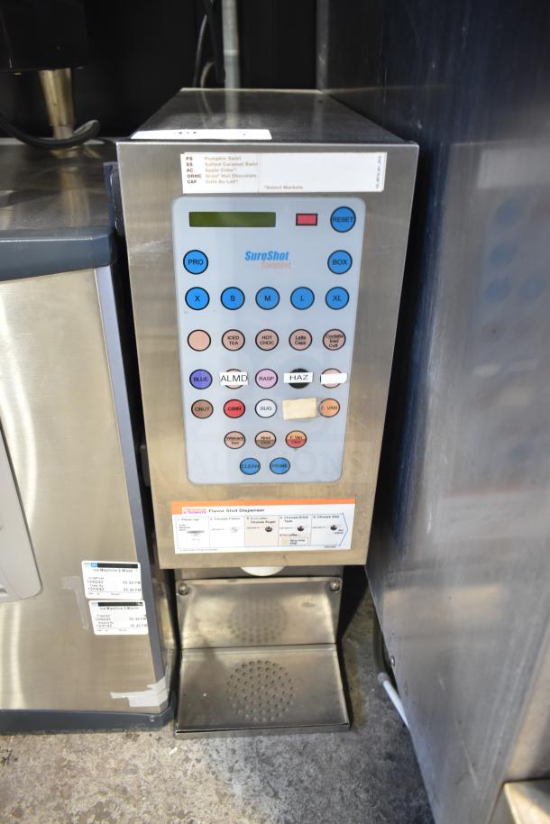 SureShot ACFS-10 Commercial Flavor Dispenser, stainless steel, countertop model, 120V, 1 phase, button controls visible.