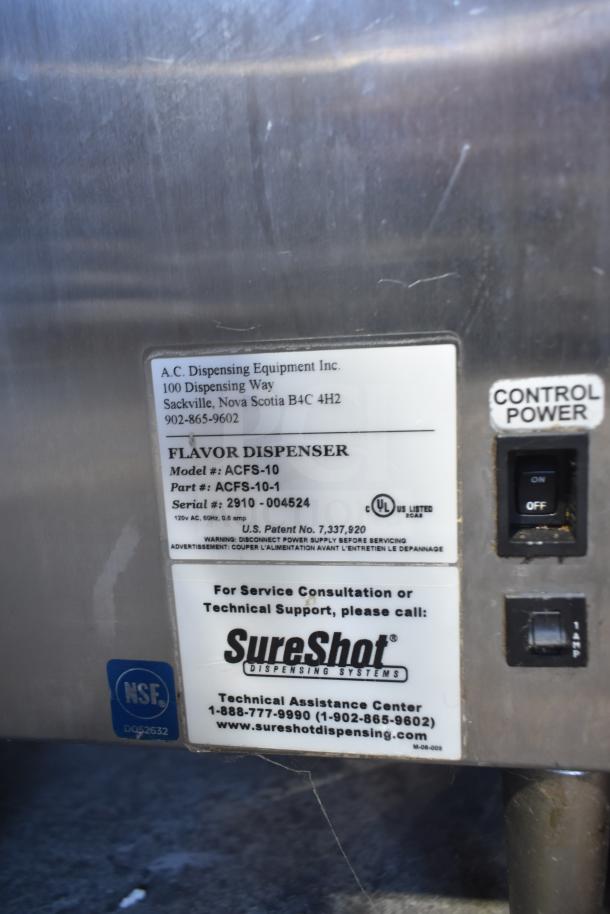 SureShot ACFS-10 Commercial Flavor Dispenser, 120V, 1 Phase, with control power switch, NSF certified, service info label.