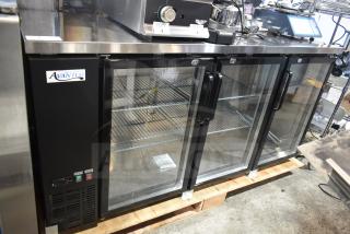 Brand new Avantco 178UBB72GHC black bar refrigerator with LED lighting, narrow glass doors; slight dents, 115V, 1 phase.