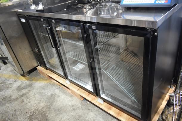 Brand new 2025 Avantco 178UBB72GHC black counter-height back bar refrigerator, narrow glass doors, LED lighting.