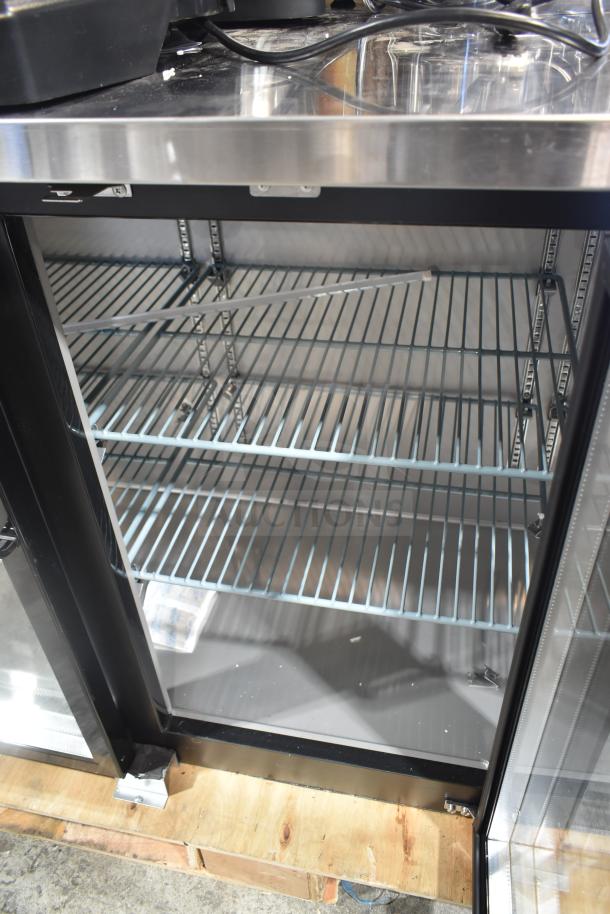 Brand new Avantco 178UBB72GHC back bar refrigerator, narrow glass door, LED lighting, black finish, counter height, scratch and dent.