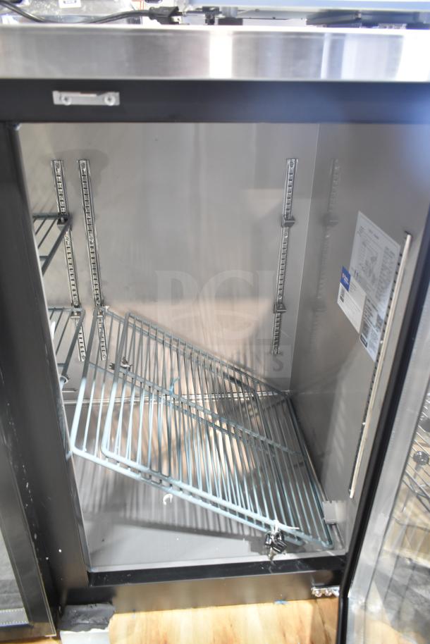 "Avantco 178UBB72GHC black back bar refrigerator, narrow glass door, counter height, LED lighting, scratch and dent."