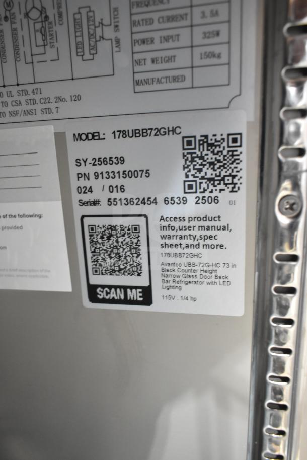 QR code and label on 2025 Avantco 178UBB72GHC black counter height back bar refrigerator. LED lighting, 115V, 1 phase.