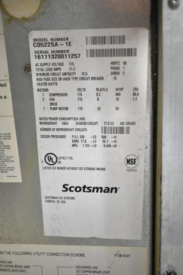 2016 Scotsman C0522SA-1E commercial ice head, 115 volts, 1 phase. Label shows electrical specs and certifications.