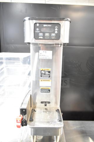 2019 Bunn ICB SH Commercial Iced Tea Machine, stainless steel, 120/208V, 1 phase, visible warning labels and brand logo.