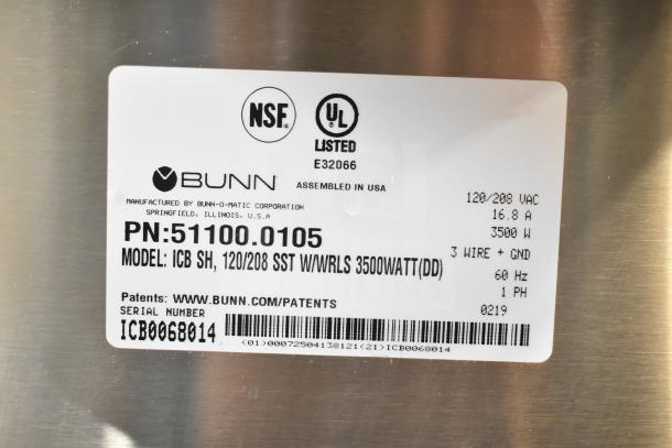 2019 Bunn ICB SH Commercial Iced Tea Machine label, 120/208V, 1 Phase, NSF and UL listed. Serial: ICb0068014.