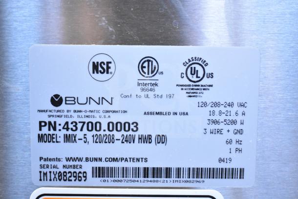 2019 Bunn IMIX-5 Commercial Cappuccino Machine label, 120/208-240V, 1 Phase, NSF and UL certified, Serial: IMIX082969.