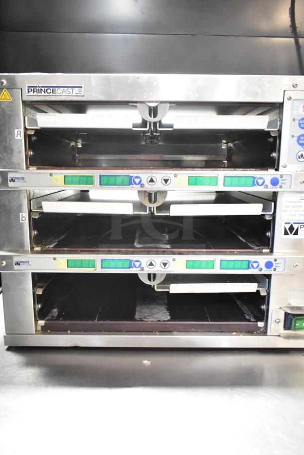 Prince Castle DHB32F-DD countertop holding bin, dual shelves, stainless steel, digital controls, 120V, visible brand logo.