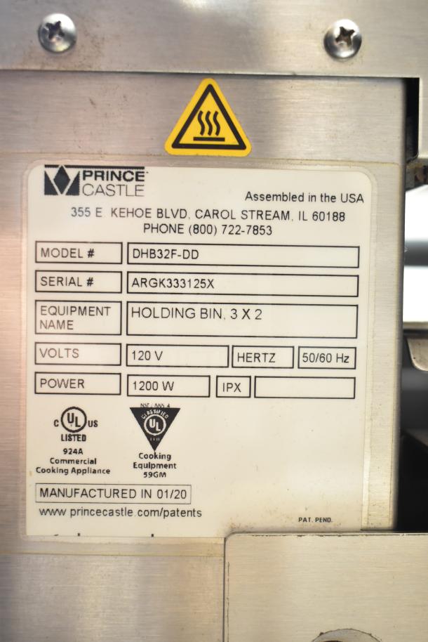 Prince Castle DHB32F-DD holding bin label showing model, 120V, 1200W, UL listed, manufactured 01/20.