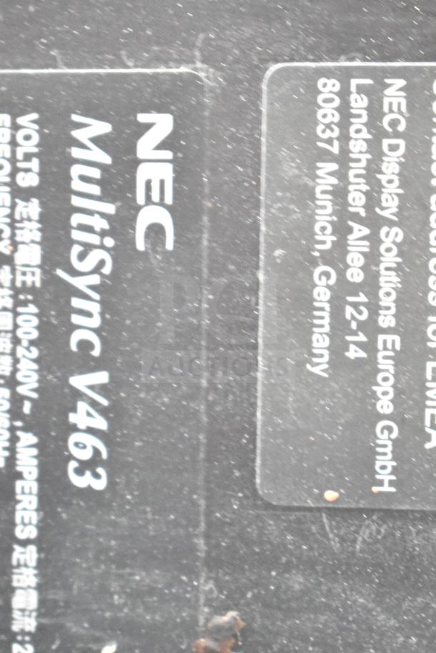 NEC MultiSync V463 TV label showing model number and specs, located at NEC Display Solutions, Munich, Germany.