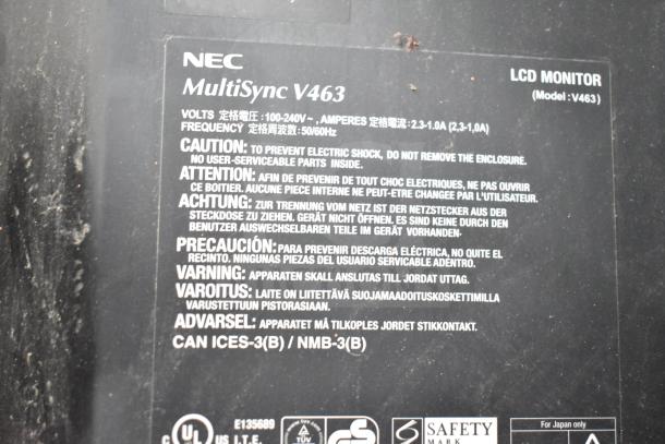 NEC MultiSync V463 LCD monitor label detailing model, voltage, and safety instructions. Buyer pick-up required.