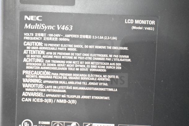 NEC MultiSync V463 label, showing voltage, amperage, and safety warnings. LCD monitor model.