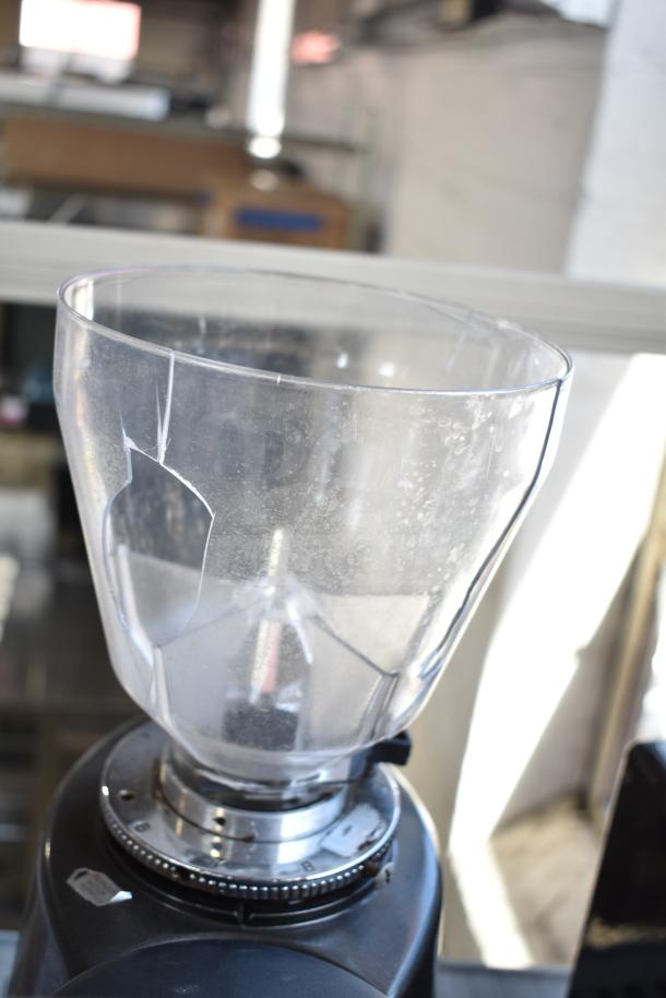 Mazzer Luigi Super Jolly Auto espresso grinder, hopper damaged, commercial countertop model, 220-230 volts, 1 phase.