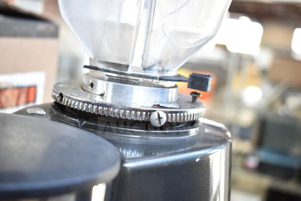 Mazzer Luigi Super Jolly Auto espresso grinder with damaged hopper, 220-230V, 1 phase. Features visible adjustment dial.